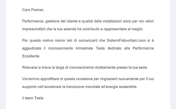 Annuncio di Tesla sulla Certificazione Conferita a SistemiFotovoltaici.com